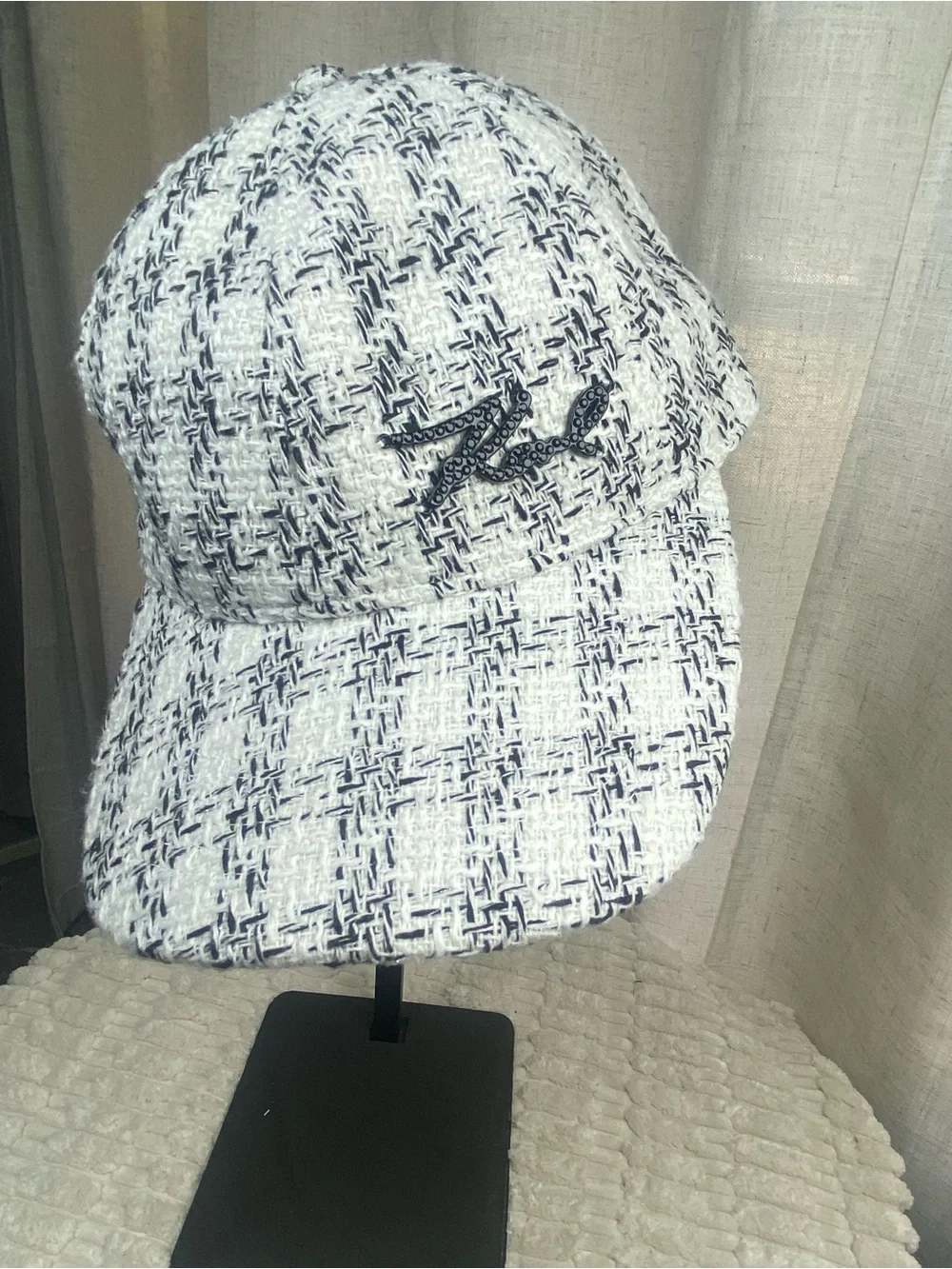 Karl Lagerfeld Paris Tweed Baseball Cap K/Signature Boucle Hat White Black